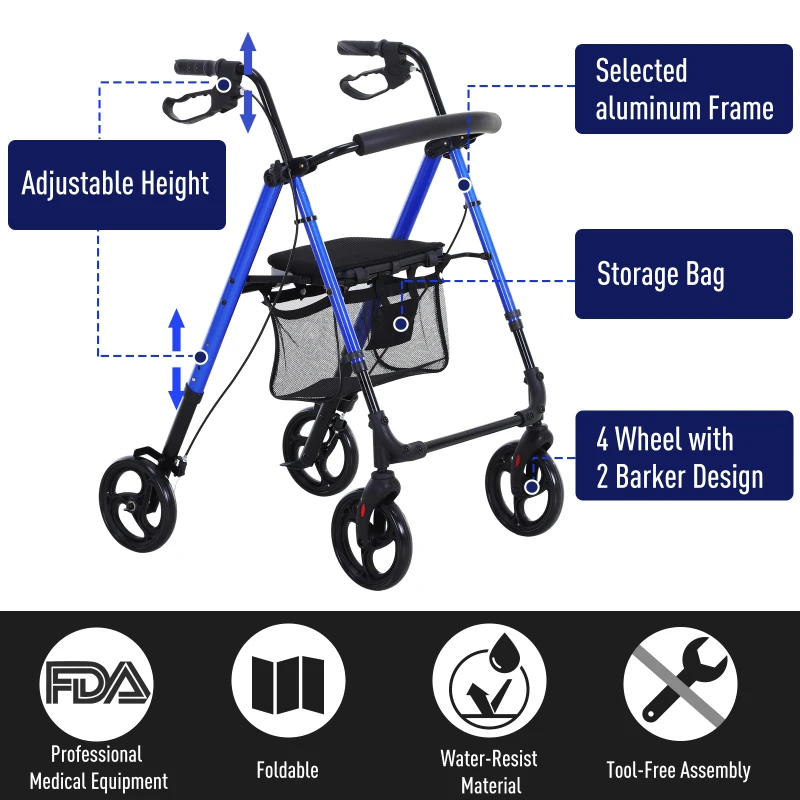 HOMCOM Foldable Medical Rollator Walker With Storage and Seat  Wheelchair