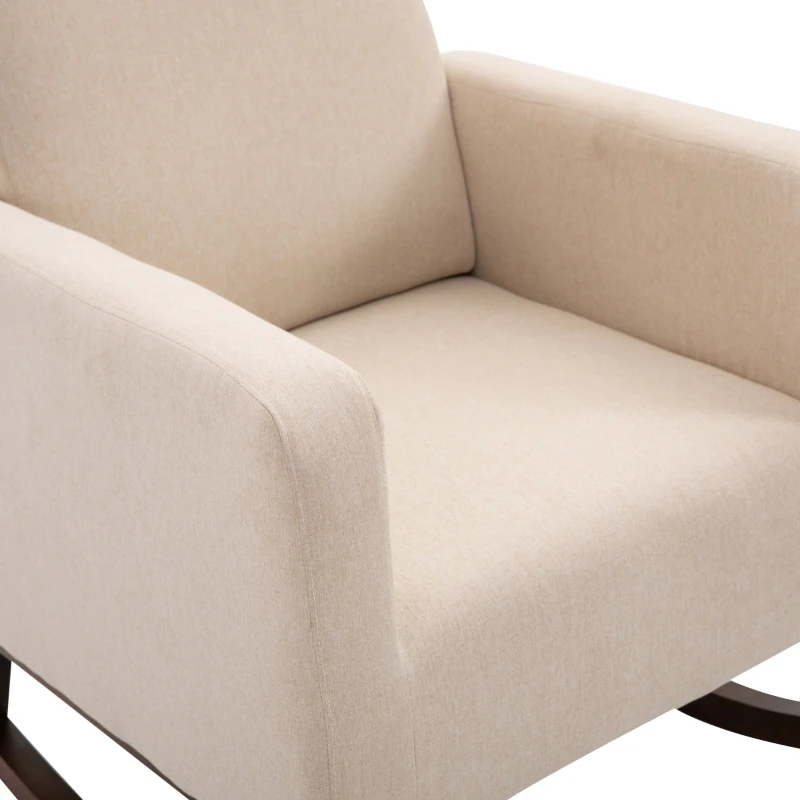 HOMCOM Linen Look Rocking Chair Solid Wood Curved Legs Padded Living Room Seat White