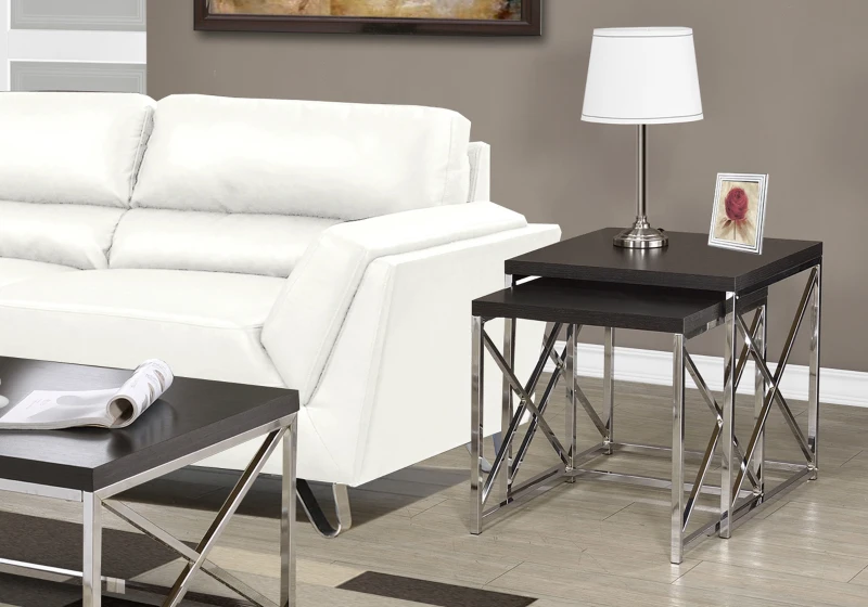 Monarch Contemporary 2 Piece Chrome Metal Frame Accent Side Nesting Table Set - Cappuccino Brown Wood Grain-Look Finish