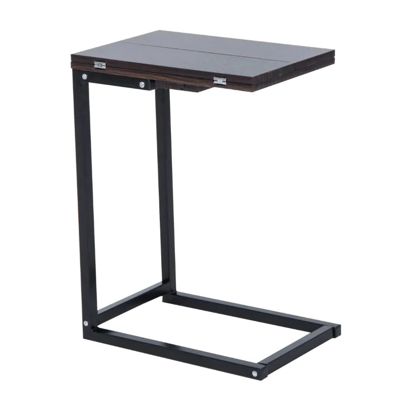 HOMCOM 24" Sofa Side End Table, C Shaped Coffee Tray Couch Table with Steel Frame, Portable Laptop Snack Table for Living Room, Dark Walnut