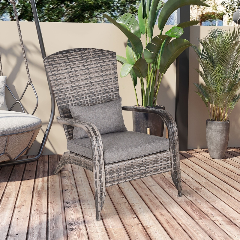 Outsunny Outdoor Classic Rattan Adirondack Deck Chair Armrest Lounge Chair with Cushion Grey