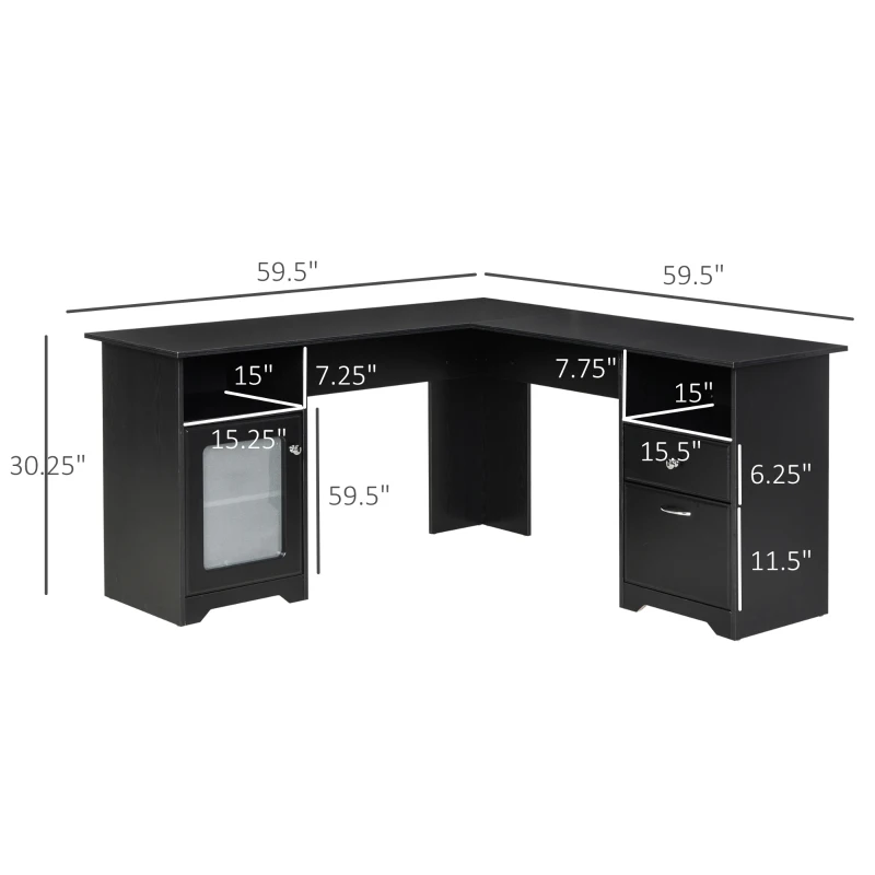 HOMCOM L-Shaped Corner Computer Desk PC Workstation Student Writing Table with Storage Shelf & Drawers, Black