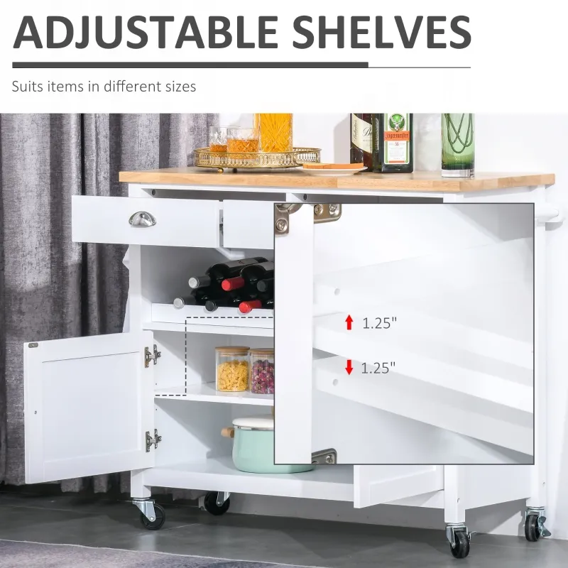 HOMCOM Rolling Kitchen Island Cart, Trolley Cart with Wine Rack, Rubberwood Top, Drawer and Hook, White