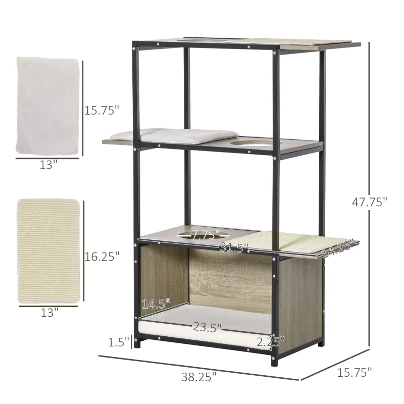 PawHut 48" H Cat House Cat Activity Tower Shelf Furniture with 3 Climbing Platforms, 1 Condo, Scratch Pad and Removable Cushions, Grey/Black