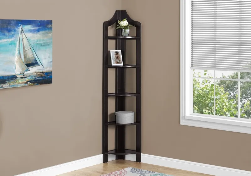 Monarch 72" Wood Grain-Look 5-Tier Corner Accent Display Bookcase - Cappuccino Brown Finish