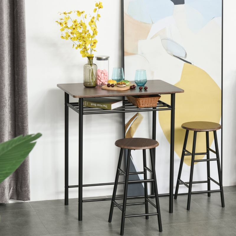 HOMCOM 3 Piece Counter Height Table Chair Set with 1 Table, 2 Matching Stools, Storage Shelf and Metal Frame Footrest, Black and Oak