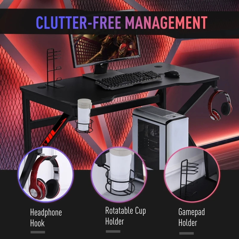 HOMCOM 47 inch Gaming Desk, Racing Style Computer Table, Home Office Workstation with Rotatable Cup Holder, Headphone Hook, Gamepad Stand, Wire Port, Black