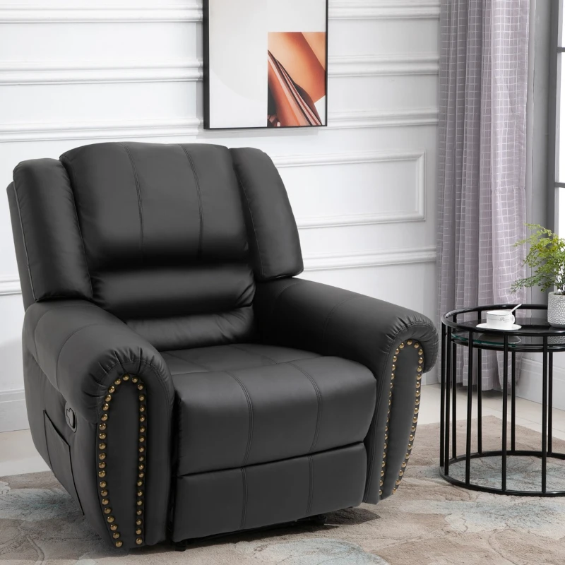HOMCOM Recliner Chair Added Footrest Cushion Padded Seat Modern Nail Sofa PU Leather for Living Room Club Home Theater Seating, Black