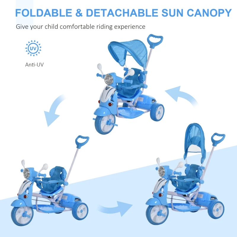 Qaba Kids Tricycle Ride-On Moped Canopy Tricycle with Stylish Design & Interactive Music & Lighting Functions, Gift for Baby Toddler Boys Girls, Blue