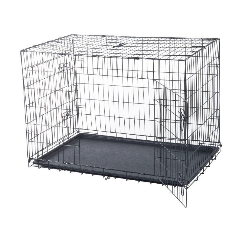 PawHut 42"x28"x30" Double Door Folding Metal Dog Crate Pet Cage Exercise Kennel Puppy House Playpen w/Plastic Tray