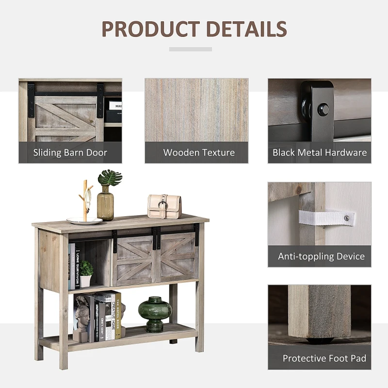 HOMCOM Farmhouse Style Console Table with Sliding Barn Doors and 4 Open Storage Compartments and Elevated Base, Grey