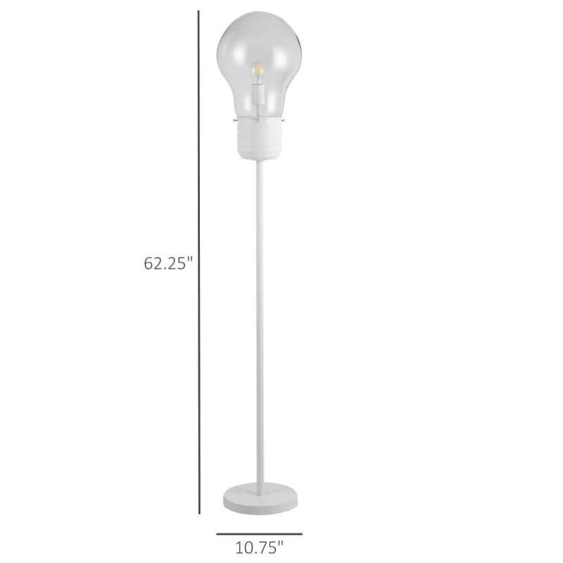 HOMCOM Industrial Tall Pole Floor Lamp with Metal Base, Modern Standing Lamp, Bulb-Shaped Glass Shade, On/Off Foot Switch, E26 Bulb Base for Bedroom, Living Room, White