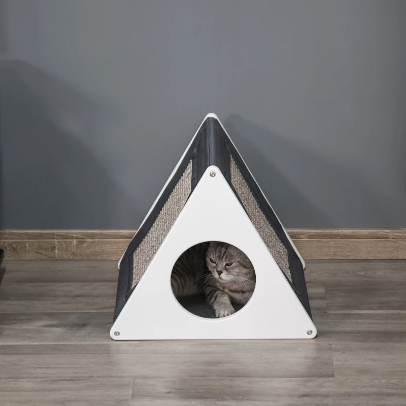 PawHut Wooden Cat House Triangle Shaped Bed Kitten Condo with Removable Cushion, Sisal Scratching Carpet, Grey and White