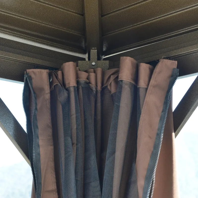 Outsunny 10' x 10' Hardtop Gazebo with Curtains and Netting, Permanent Pavilion Metal Roof Gazebo Canopy with Aluminum Frame, for Garden, Patio, Backyard, Deck, Dark Brown