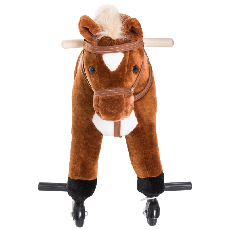 Qaba Kids Interactive Plush Mechanical Walking Ride On Horse Toy with Wheels, Brown