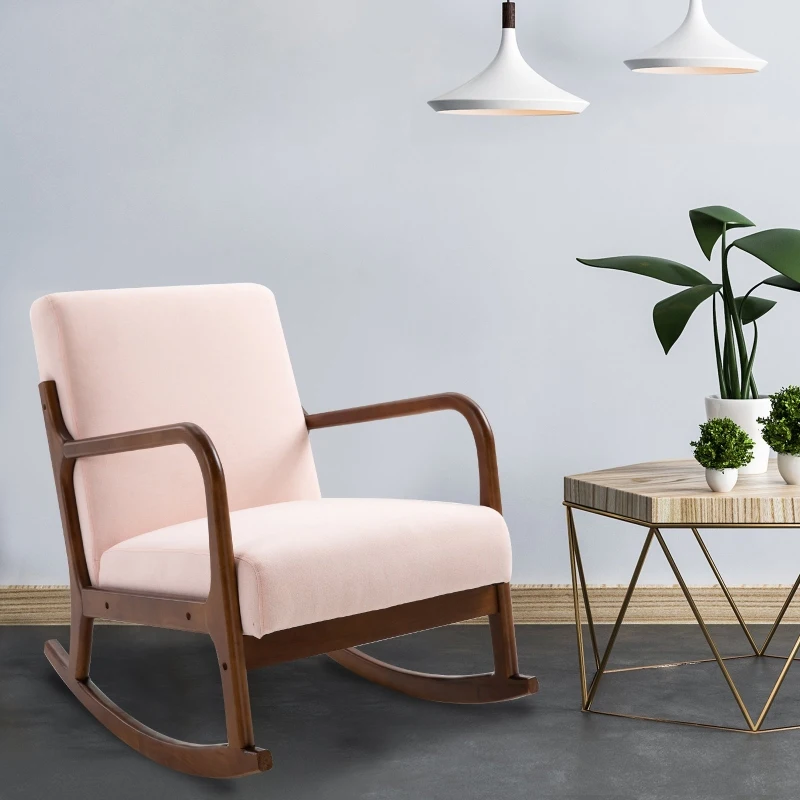 HOMCOM Upholstered Rocking Armchair with Wood Base and Linen Fabric Padded Seat for Living Room, Pink