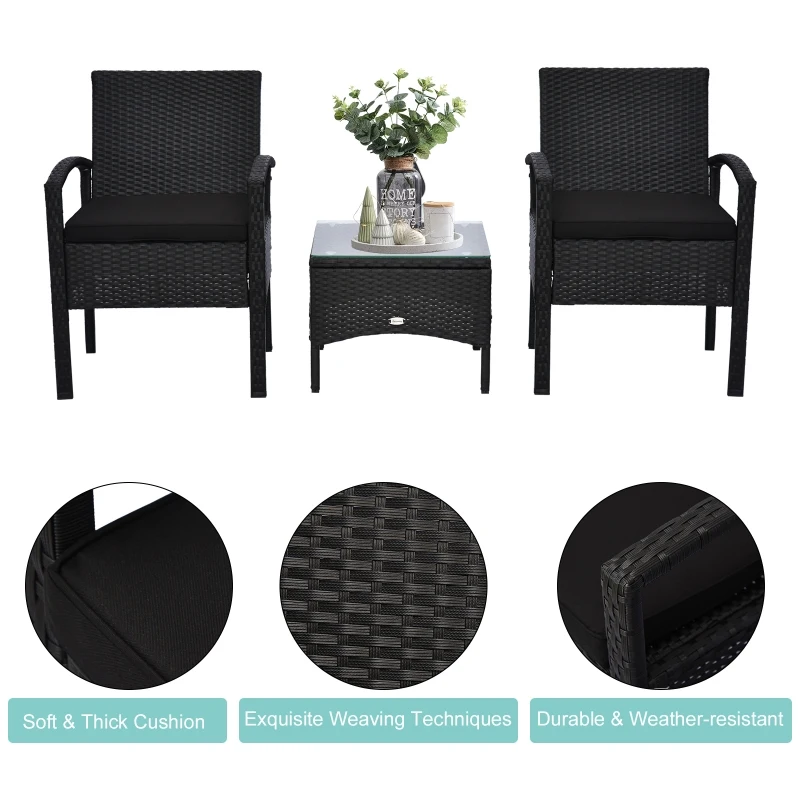 Outsunny 3 Pieces Wicker Patio Furniture Set, Rattan Bistro Set with Coffee Table and Cushions, Outdoor Conversation Set for Garden, Porch, Balcony, Black