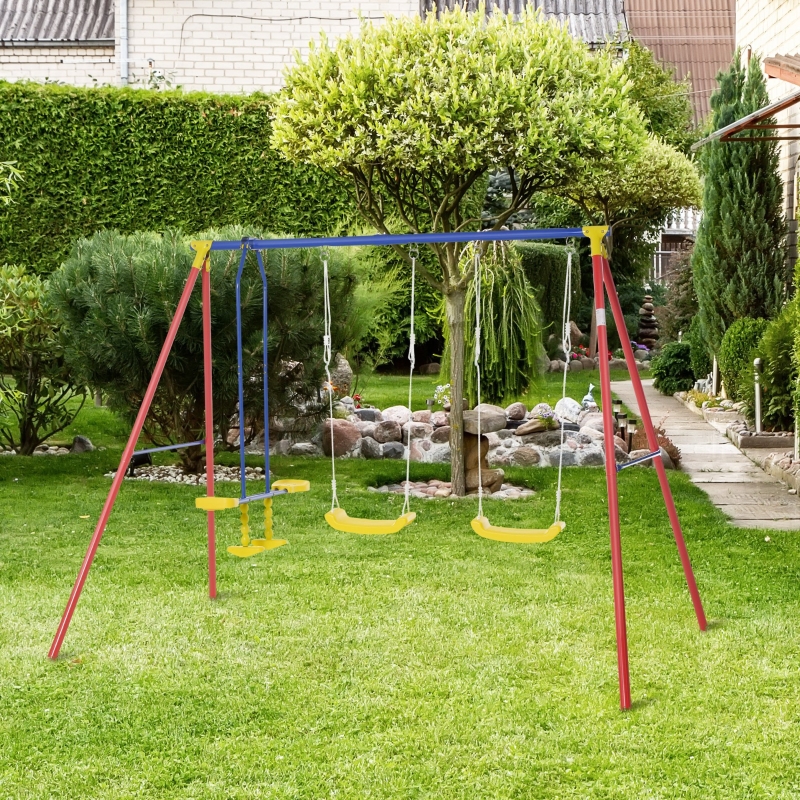 Outsunny Metal Swing Set with 2 Seats Glider A-Frame Stand Adjustable Hanging Rope for Backyard Playground Outdoor Playset for Kid Age 3-8 Years Old 352lbs