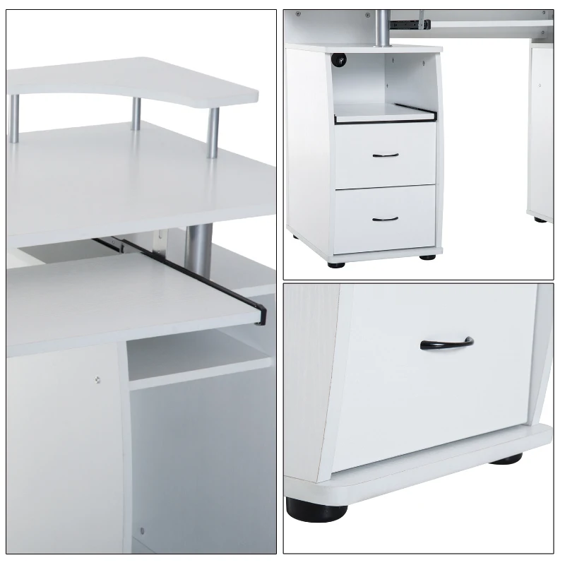 HOMCOM Multi-Function Computer Desk Home Office Workstation with Sliding Keyboard Tray, Elevated Shelf, Drawers and CPU Stand, White