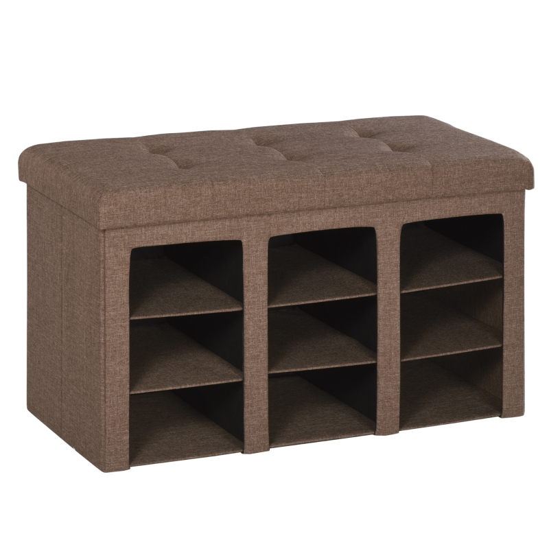 HOMCOM Modern Folding Storage Cabinet Ottoman Bench Padded Seat Foot Rest for Bedroom & Hallway with 9 Cubes, Brown