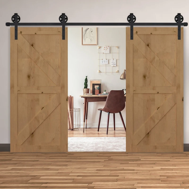 HOMCOM Sliding Barn Door Kits Hardware Closet Set Track System for Double Wooden Door Industrial Wheel Style Roller