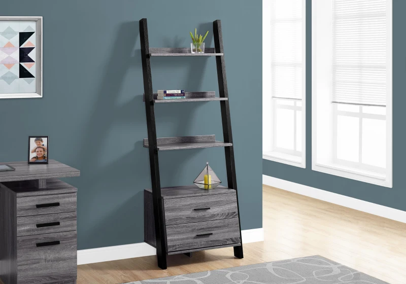 Monarch 69" Contemporary Wood Grain-Look 4-Shelf Ladder Bookcase with Storage Drawers - Black / Grey Tones Finish
