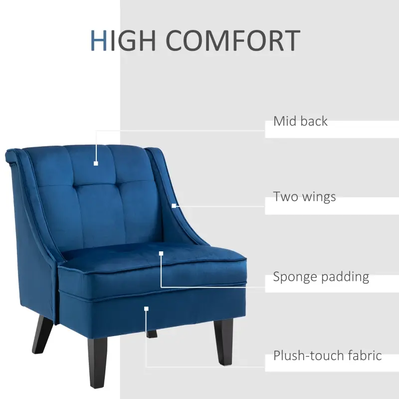 HOMCOM Upholstered Accent Chair Modern Winged Tufted Contemporary Single Sofa Chair with Rubber Wood Legs, Thick Padding Mid-Back, and Wings for Living Room Bedroom, Blue
