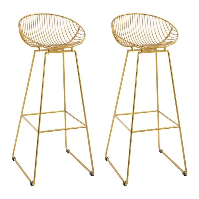 HOMCOM Modern Bar Stools Set of 2, Bar Height Barstools, 29.5" Seat Height Bar Chairs for Kitchen, Pub with Backrest and Footrest, Steel Frame, Gold