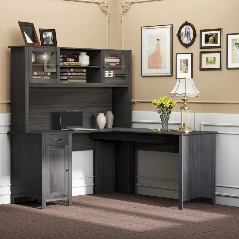 HOMCOM L-Shaped Desk with Hutch, Computer Desk with Drawers, Home Office Corner Desk Study Workstation Table with Storage Cabinets Shelves, Dark Gray