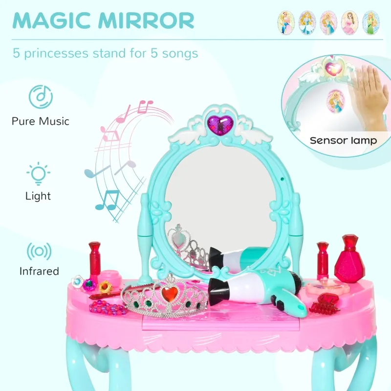 Qaba 2 In 1 Musical Piano Kids Dressing Table Set, 32 PCS Vanity Make Up Desk, Magic Glamour Princess Mirror, w/ Beauty Kit, Mirror, Stool, Light, Hair Dryer, for 3-6 Years Old, Pink, Blue