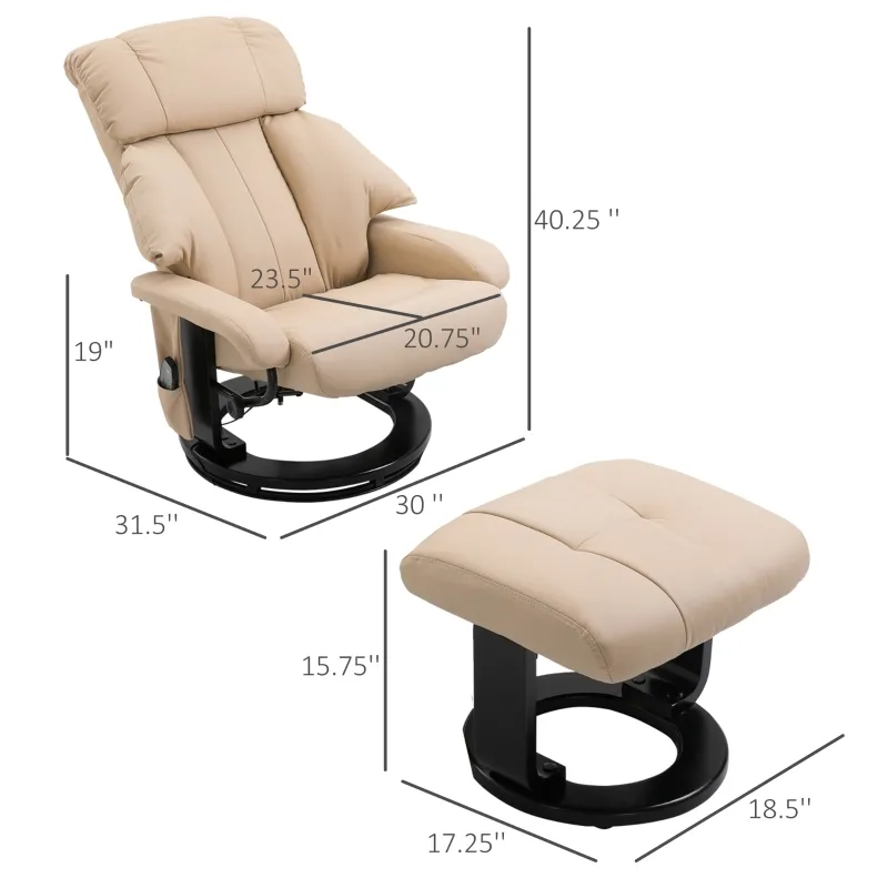 HOMCOM Massage Recliner Chair with Ottoman, 360° Swivel Recliner and Footstool, PU Leather Reclining Chair with Side Pocket and Remote Control, Beige