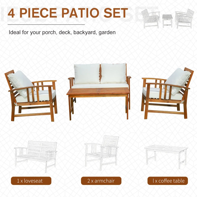 Outsunny 4 Piece Solid Acacia Wood Conversation Set Outdoor Patio Furniture Chat Set w/ Armchairs, Loveseat, Center Coffee Table & Cushions Teak/Cream