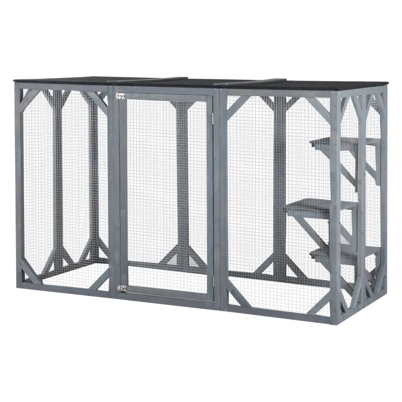 PawHut 71" x 32" x 44" Large Wooden Outdoor Cat Enclosure Catio Cage With 3 Platforms, Gray