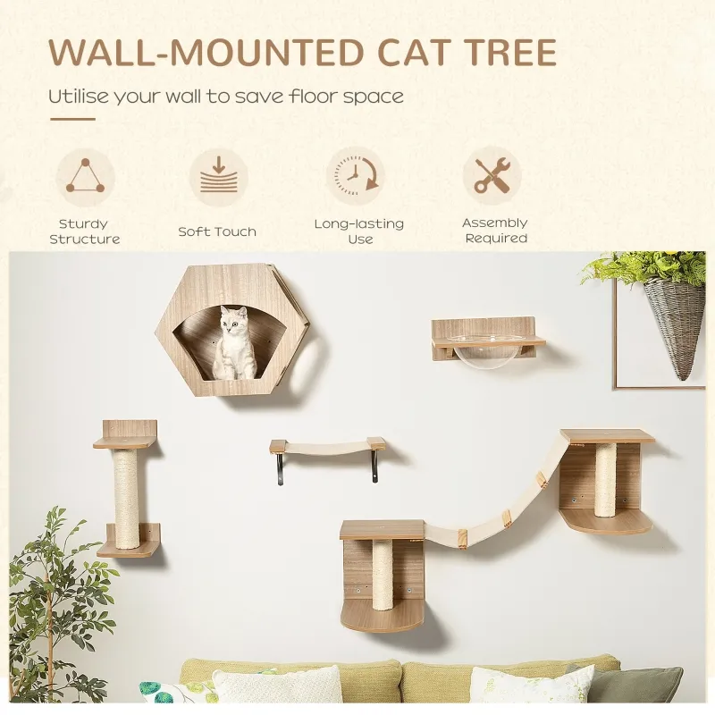 PawHut Cat Tree 5PCs Pet Wall-mounted Climbing Frame Shelf Set Kitten Perch Activity Center with Hammock, Scratching Post, Jumping Platform, Condo Light Brown