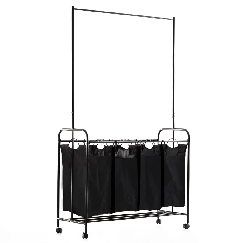 HOMCOM 4-Bag Rolling Laundry Sorter Cart Heavy Duty with Hanging Bar Large Washing Bag and Wheels Laundry Storage Black