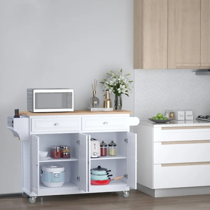 HOMCOM Rolling Kitchen Island on Wheels Ultility Cart with Drop-Leaf and Rubber Wood Countertop, Storage Drawer, Door Cabinet, White