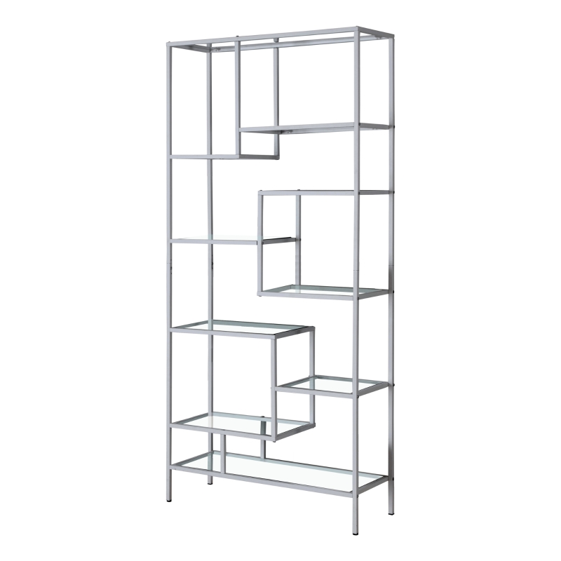 Monarch 72" Contemporary Open Concept Multi-Tier Bookshelf - Tempered Glass / Silver Metal