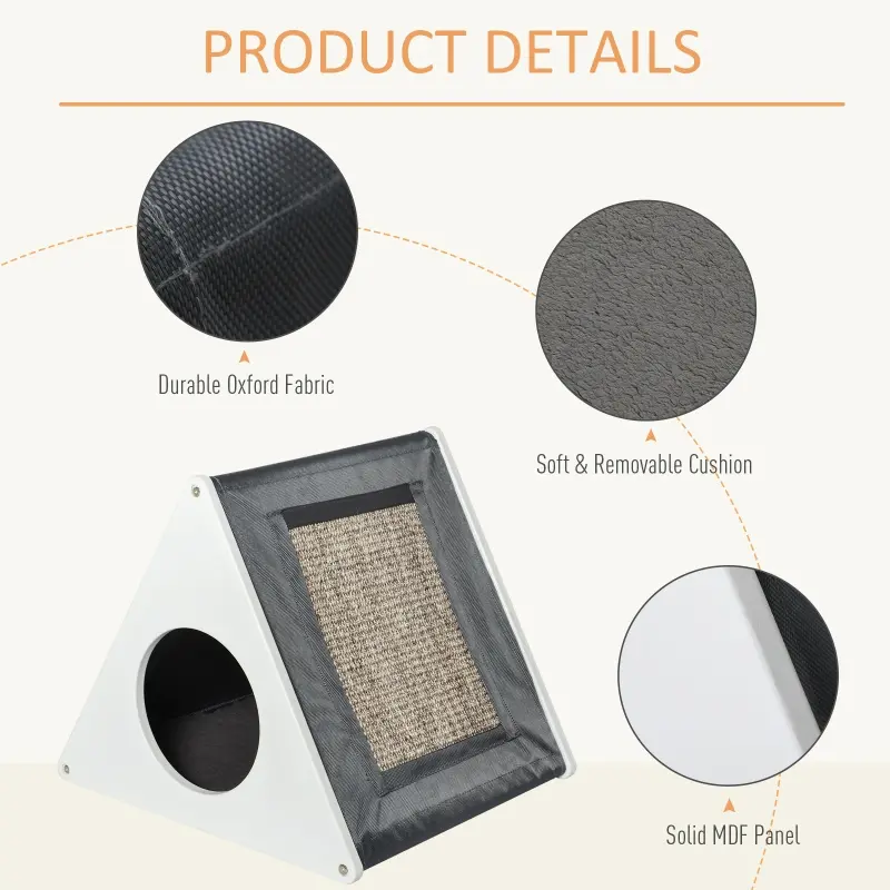 PawHut Wooden Cat House Triangle Shaped Bed Kitten Condo with Removable Cushion, Sisal Scratching Carpet, Grey and White