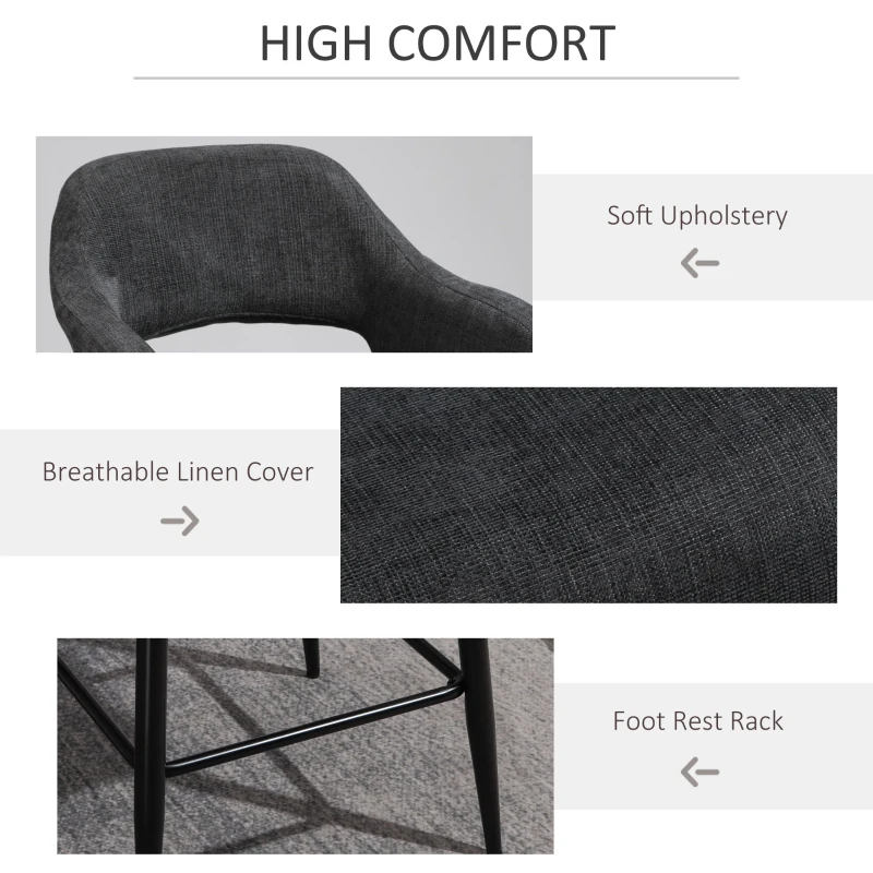 HOMCOM Counter Height Bar Stool Linen Fabric Upholstered Barstool Kitchen Breaskfast Chair with Footrest & Metal Legs, Dark Grey
