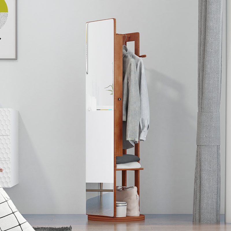 HOMCOM Full Length Mirror with Jewelry Cabinet, Hanging Cloth Bar, Coat Rack, 360° Rotate Floor Mirror for Bedroom, Living Room, Light Walnut