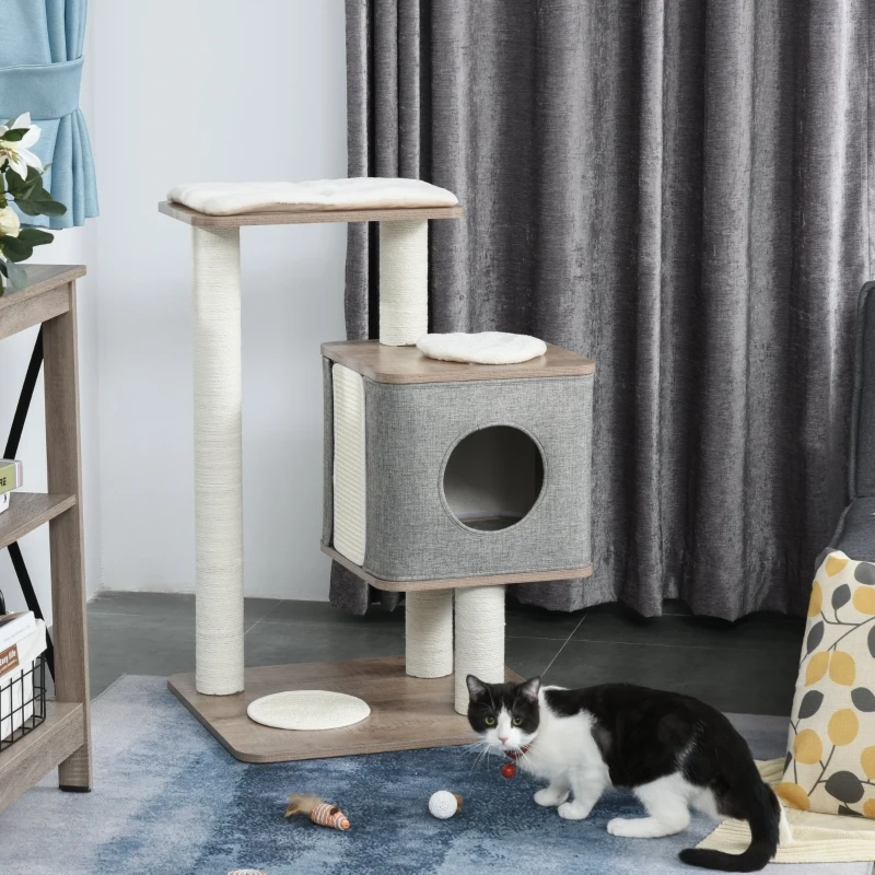 PawHut 34" Cat Tree Tower Activity Center with Natural Jute Scratch Material, Cushions on Each Platform, & Condo Area