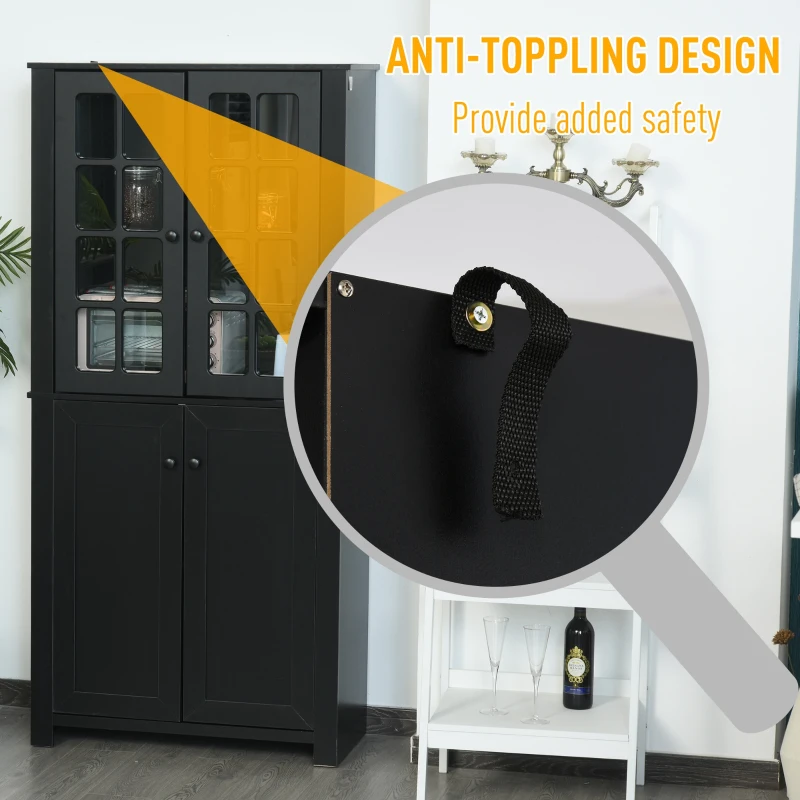 HOMCOM 71" Freestanding Kitchen Pantry Cabinet with Glass Door and Shelves, Tall Cupboard for Dining Room, Living Room, Black