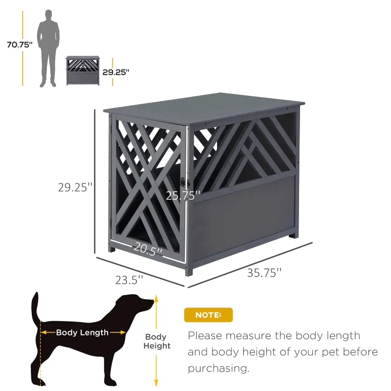 PawHut Furniture Style Wood Dog Crate End Table Decorative Dog Cage Kennel Lattice Night Stand with Lockable Door, Indoor Use, Grey