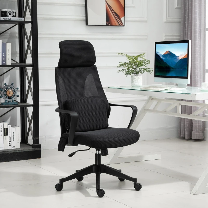 Vinsetto Ergonomic Home Office Mesh Desk Chairs, Computer Task Chair with Massage Lumbar Cushion, Adjustable Seat & Headrest, Rocking Function, Black