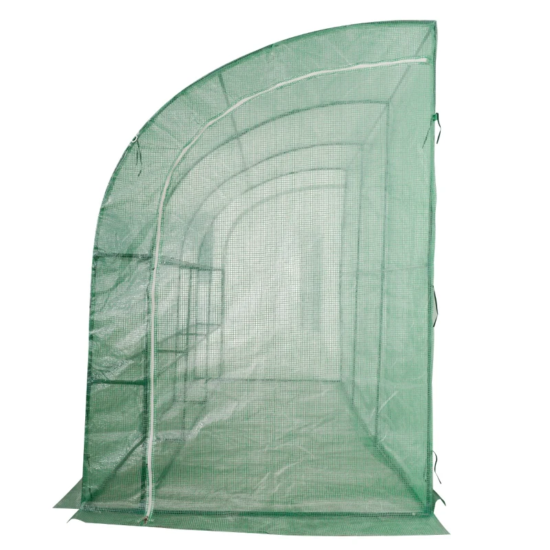 Outsunny 10' x 5' x 7' Lean to Greenhouse, Walk-In Wall Green House Plant Nursery with 2 Roll-up Doors and Window, PE Cover and 3 Wire Shelves, Green