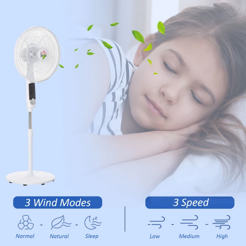 HOMCOM 16 Inch Pedestal Standing Fan Floor Fan with 3 Speeds, 85° Oscillation, LED Panel, Remote Controller, 7.5-Hour Timer, Adjustable Heights for Living Room, Bedroom, Office, Black/White