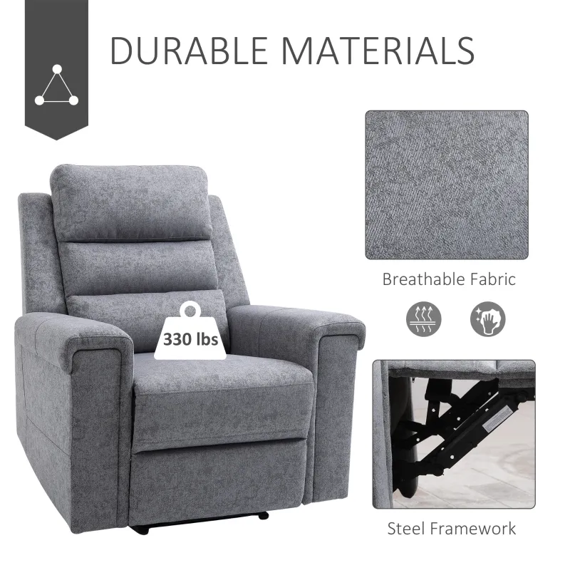 HOMCOM Modern Recliner Chair Linen Fabric Single Sofa Home Theater Seating with Overstuffed Armrest and Back, Grey