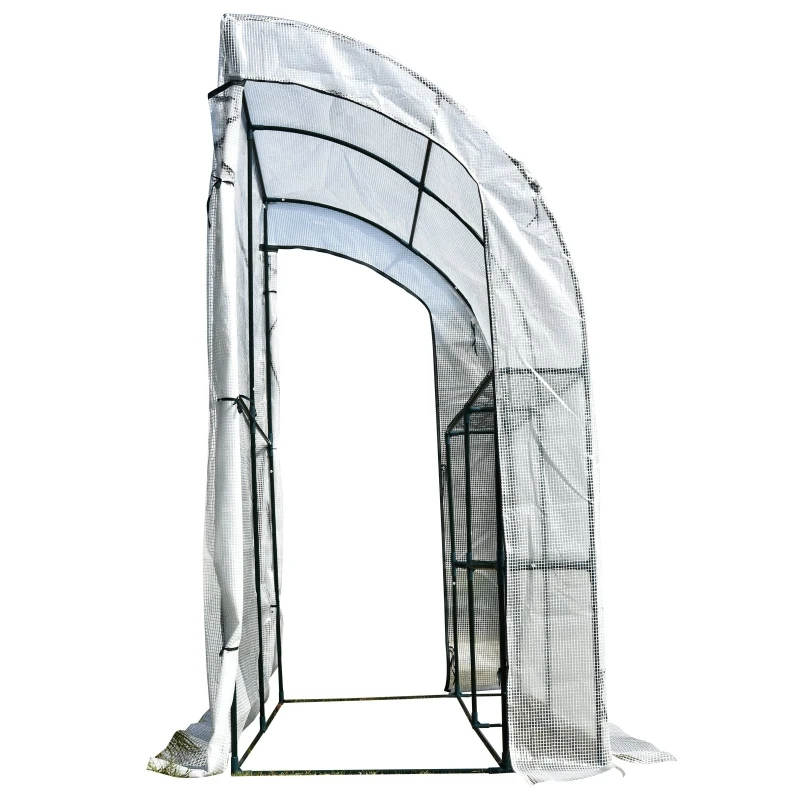 Outsunny 7' x 3' x 7' Outdoor Lean-to Walk-In Greenhouse, Plant Gardening Green House with Roll-up Mesh Windows, Zipper Door and 3-Tier Shelves, White and Green Frame