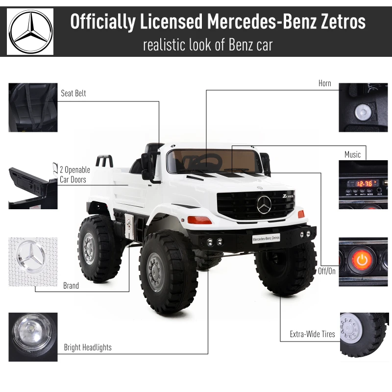 Open Box Aosom 12V Mercedes-Benz Zetros Kids Ride On Car Off Road Truck with Remote Control - White