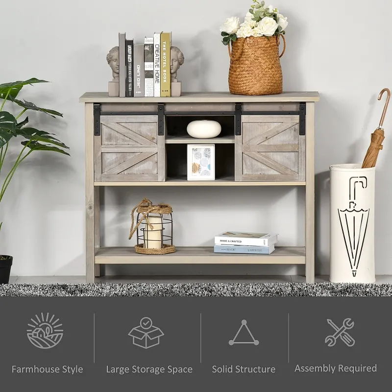 HOMCOM Farmhouse Style Console Table with Sliding Barn Doors and 4 Open Storage Compartments and Elevated Base, Grey
